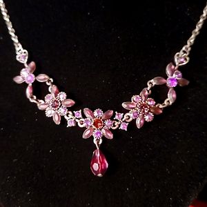 Silver iridescent purple crystal floral necklace